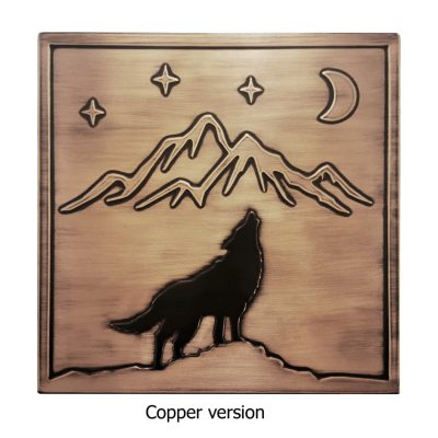 Wolf, mountains, moon and stars copper tile