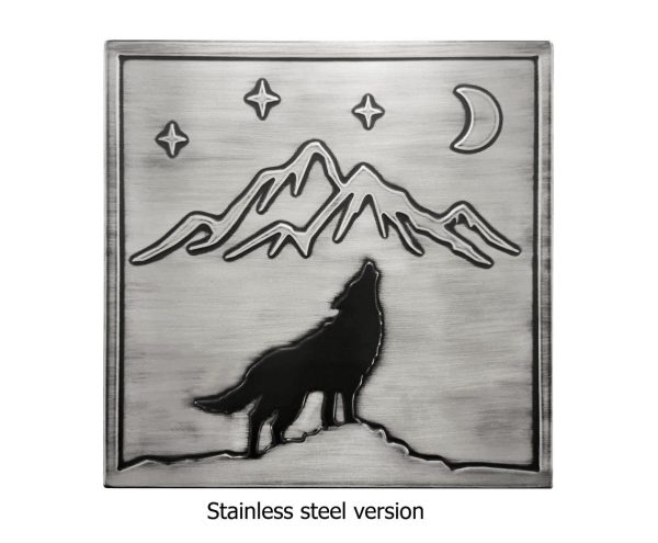 Wolf, mountains, moon and stars stainless steel tile