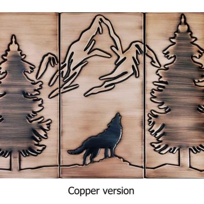 Wolf, mountains and two pines copper tiles